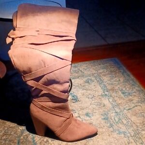 Shoe Dazzle Brown Heeled Boots with Slouchy Design